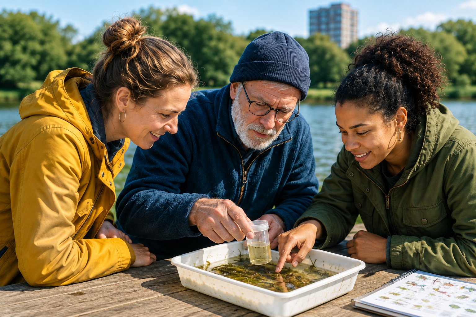 Drie mensen bekijken waterleven in een bak aan een picknicktafel bij een meer